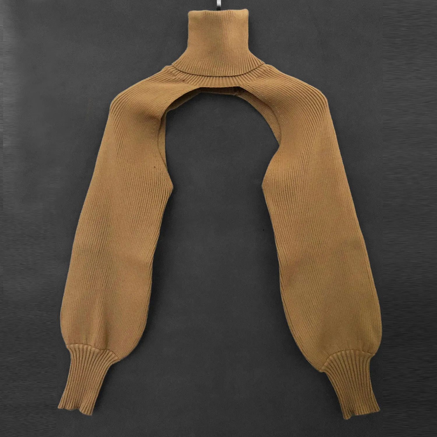 Casual Turtleneck Lantern Sleeve Cutout Cropped Knit Sweater Black