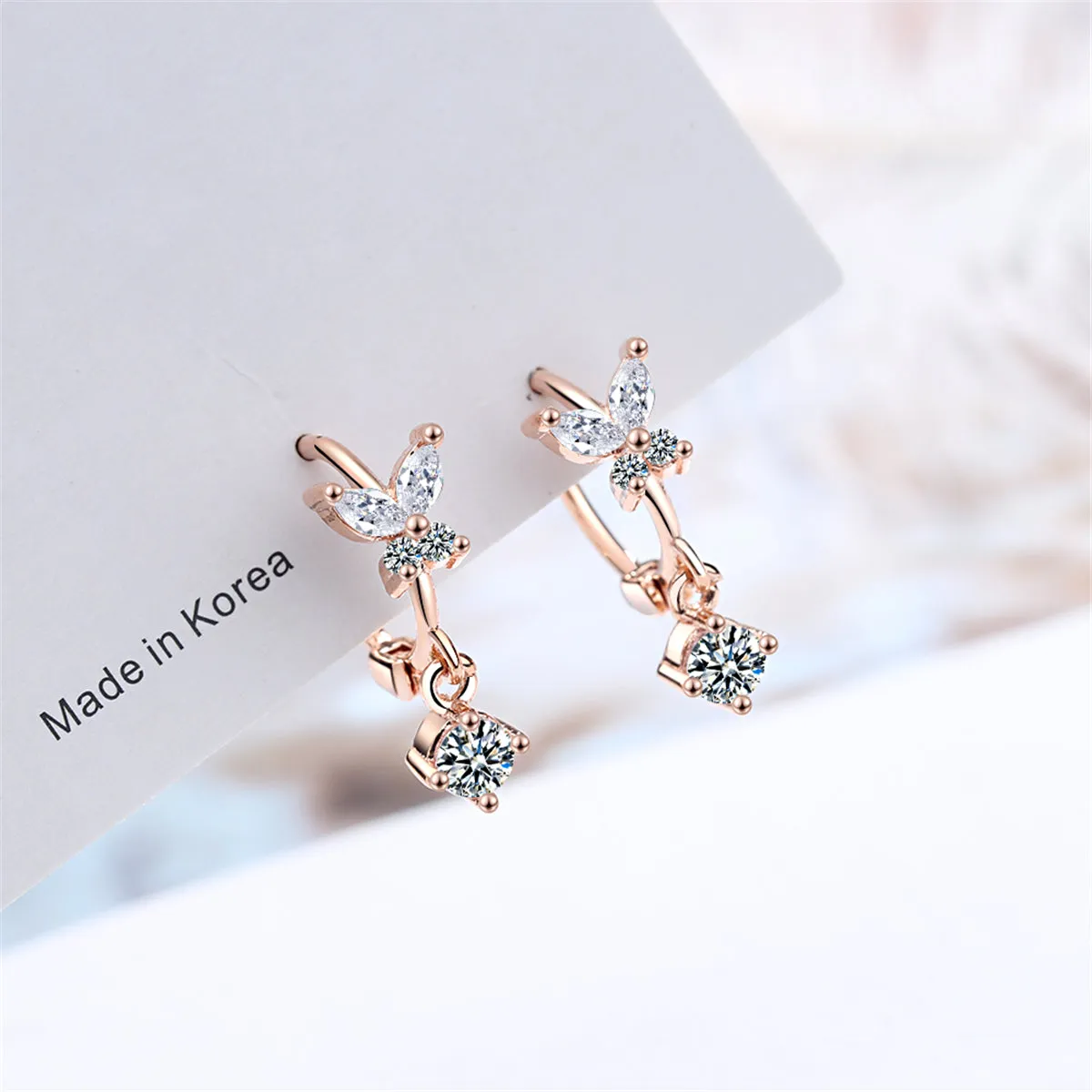 Cubic Zirconia & 18K Rose Gold-Plated Butterfly Drop Earrings
