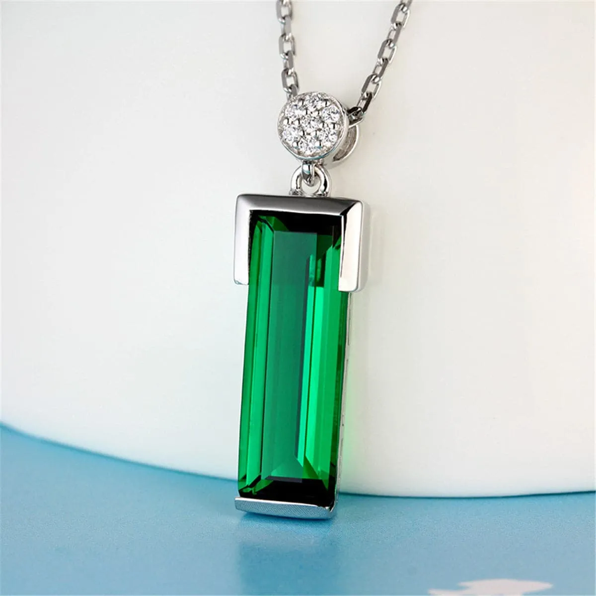 Green Crystal & Cubic Zirconia Rectangle Pendant Necklace