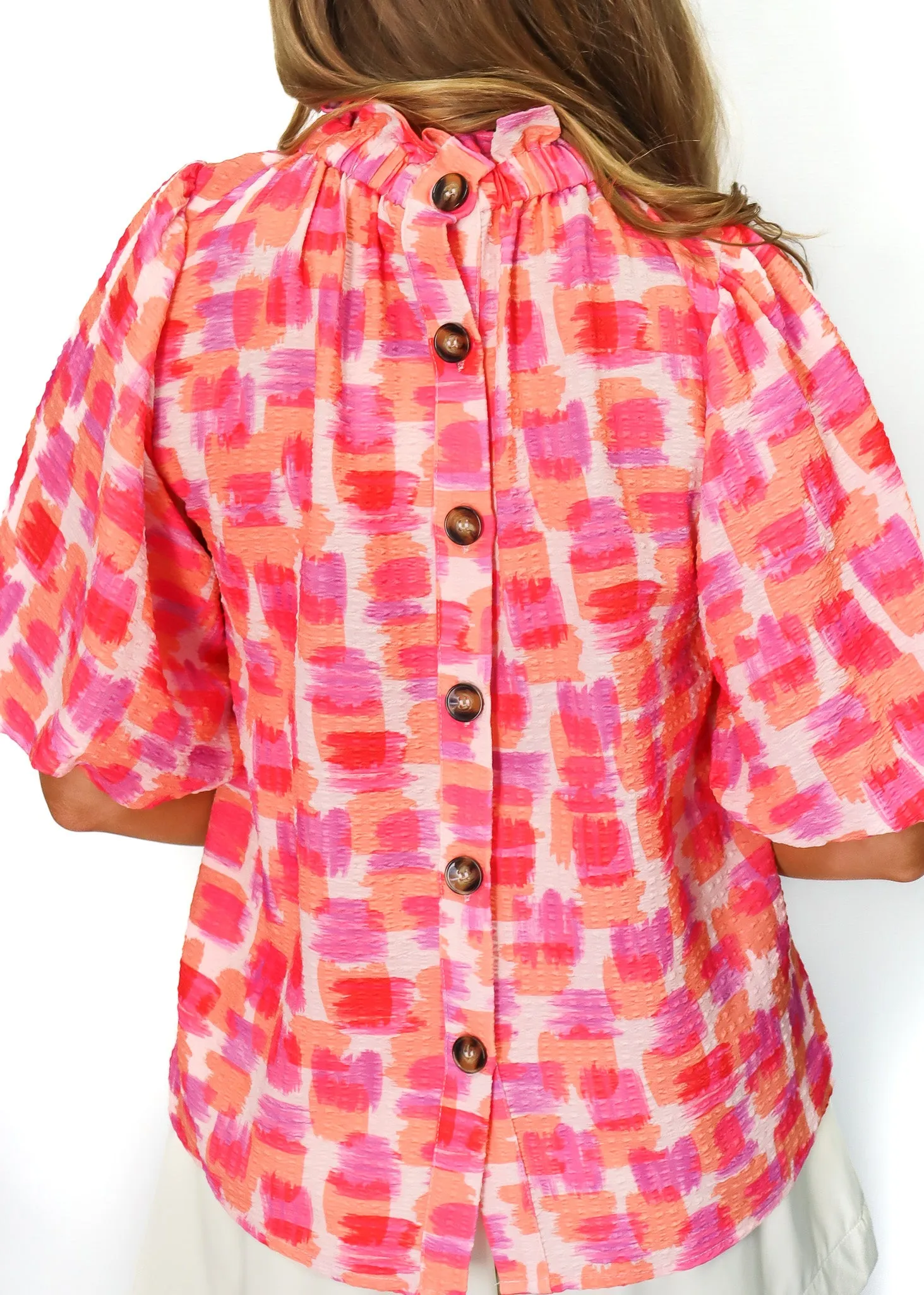 Puff Sleeves Button Back Top - Pink